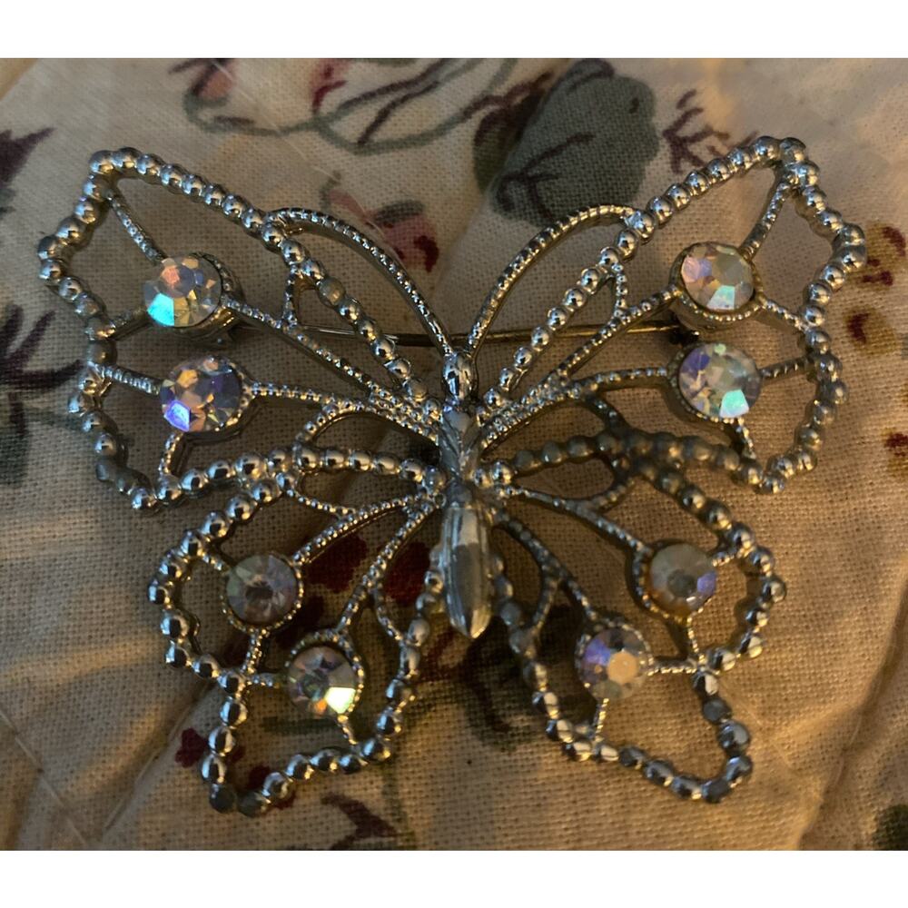 Vintage Silver Tone Butterfly Broach Rhinestone
